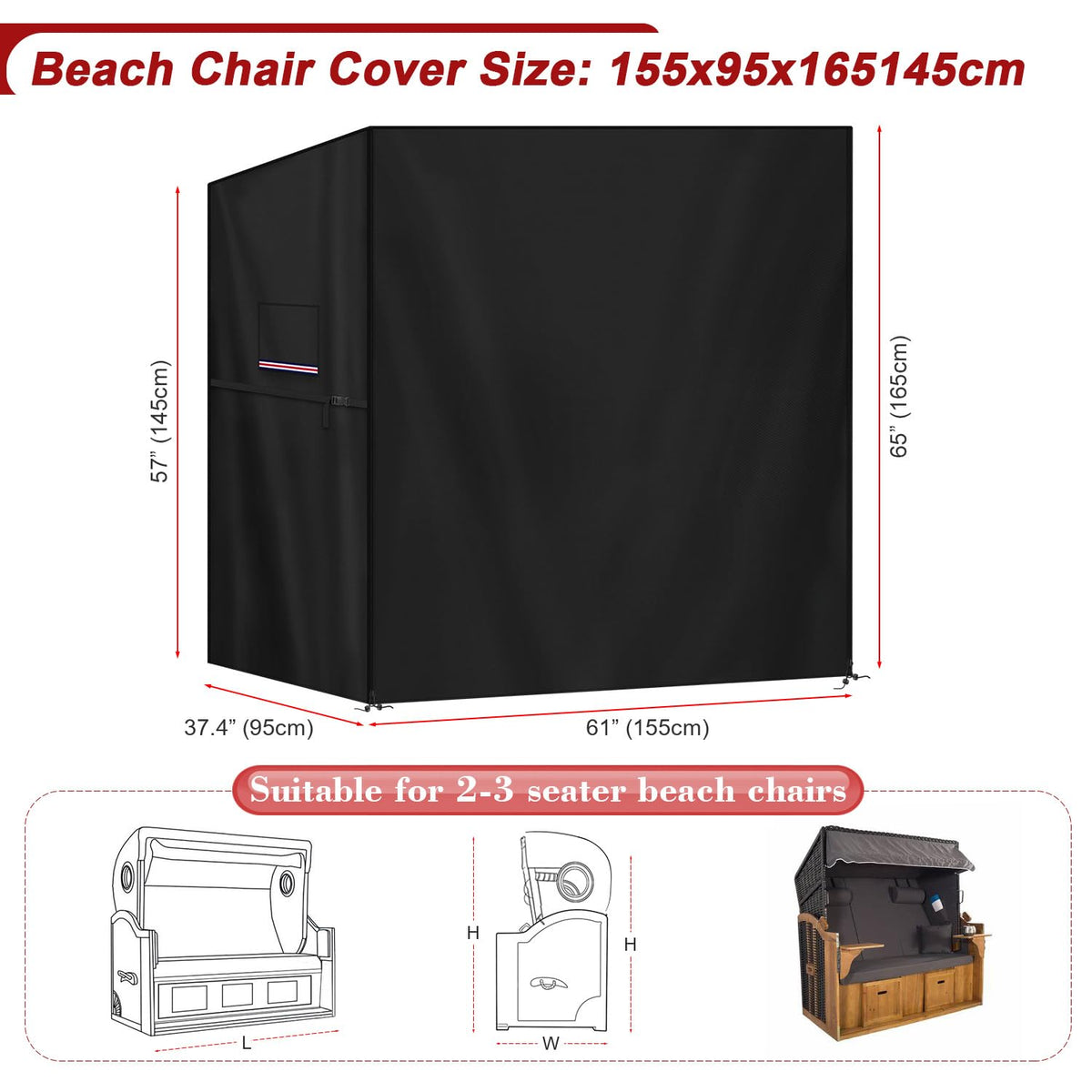 LAMUNI Beach Chair Protective Cover Windproof Roofed Wicker Beach Chairs Covers, 420D Oxford Protective Cover for Beach Chairs with Zips and Air