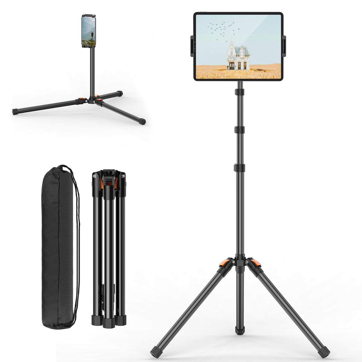 XXZU Tablet Floor Stand Tripod, 72in Tablet Stand with 360? Ball Head, Height Adjustable Phone Floor Tripod With Case, Holder For
