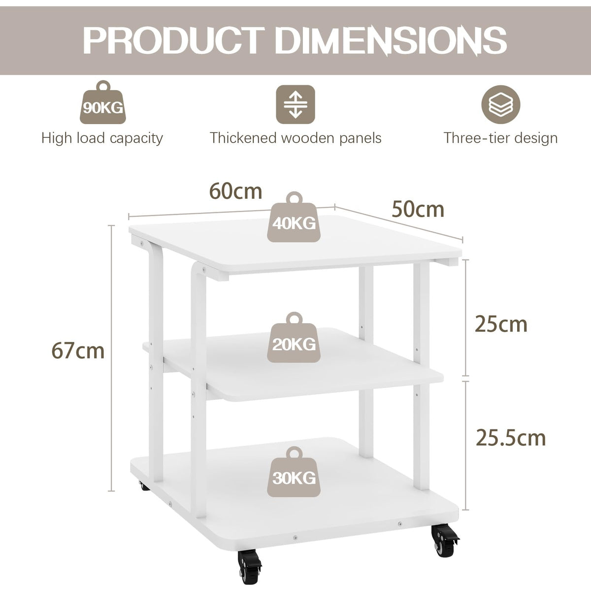 PUNCIA 3-Tier Movable Laser Printer Cart with Storage