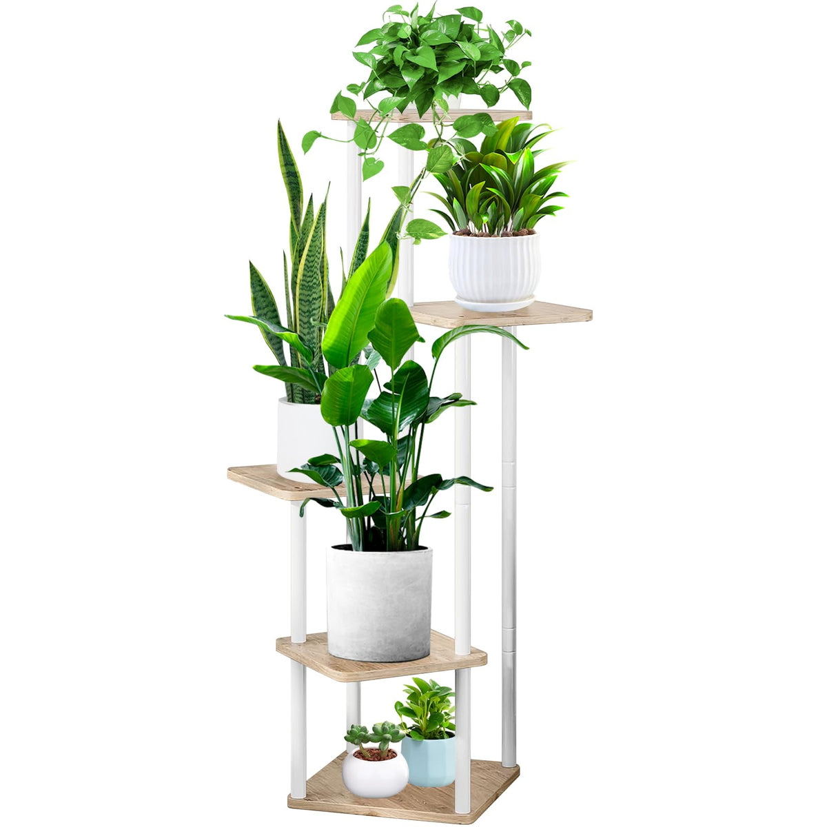 VASZOLA 5 Tier Wood Tall Plant Stand Metal Rack, Multiple Flower Pot Holder Shelves Corner Rack, Planter Shelf Display Rack Storage Organizer for