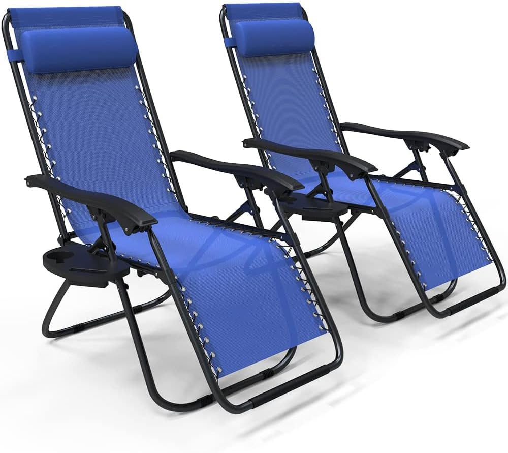VOUNOT Zero Gravity Chair with Side Table, Set of 2, Deck Folding Recliner Sun Loungers Outdoor Chair with Cup and Phone Holder, Blue