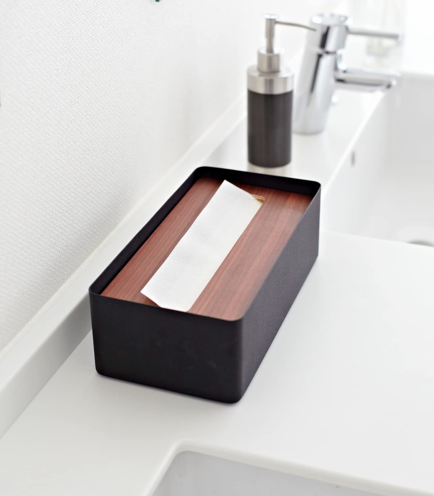 Yamazaki 7729 RIN Tissue Box Case with Lid, black, Wood/Steel, Minimalist, 26 x 13 x 8.2 cm