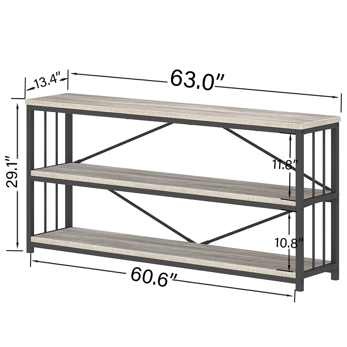 IBF Low Long Horizontal Bookshelf, Industrial Modern 3 Tier Etagere Bookcase, Large Wide Open Rustic Metal and Wood Grey Book Shelf for Bedroom