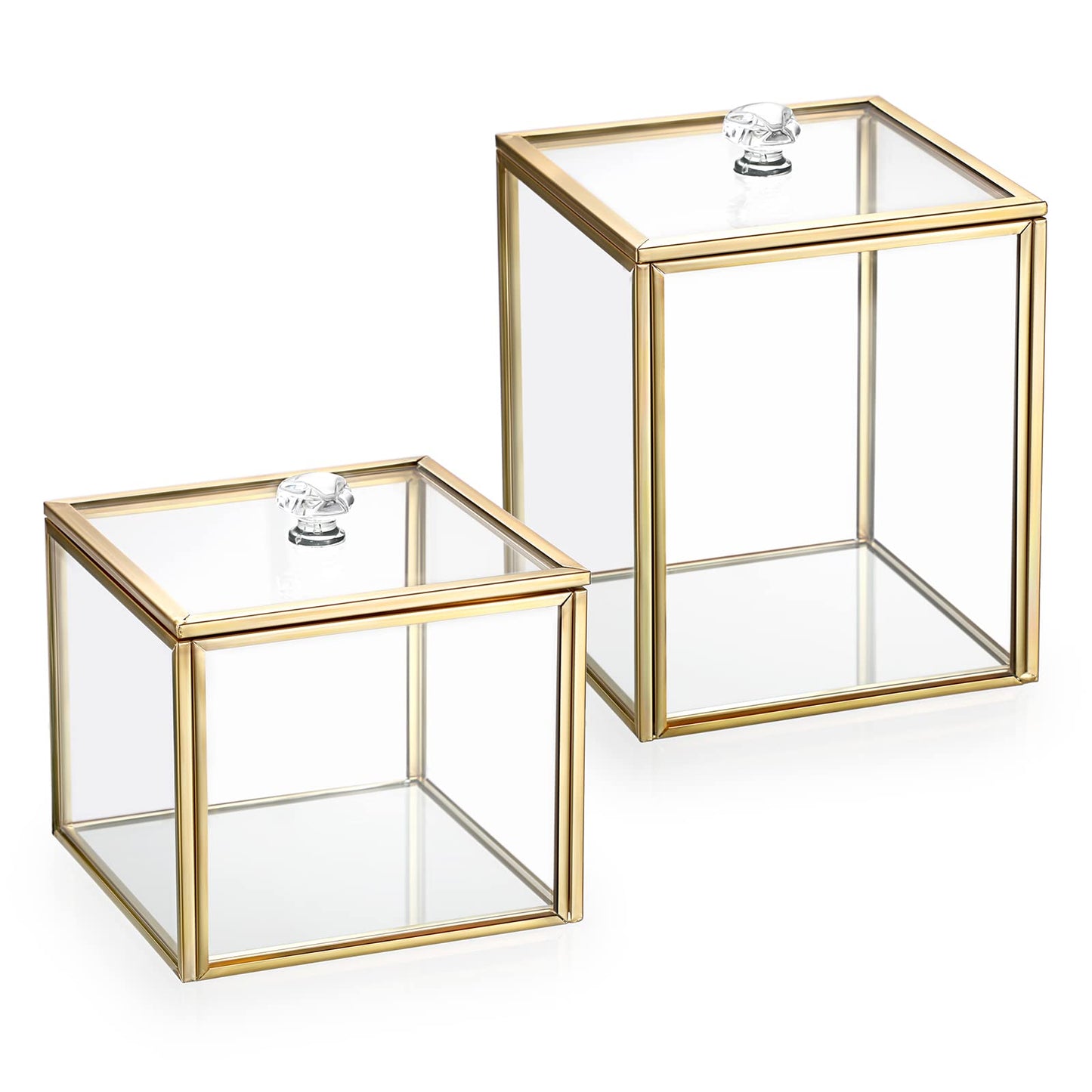 SUMTree 2 PCs Qtip Cotton Ball Holder Gold Glass Qtip Dispenser with Lid, Floss Swab Bathroom Storage Jar Canister with Crystal Handle, Glass Storage