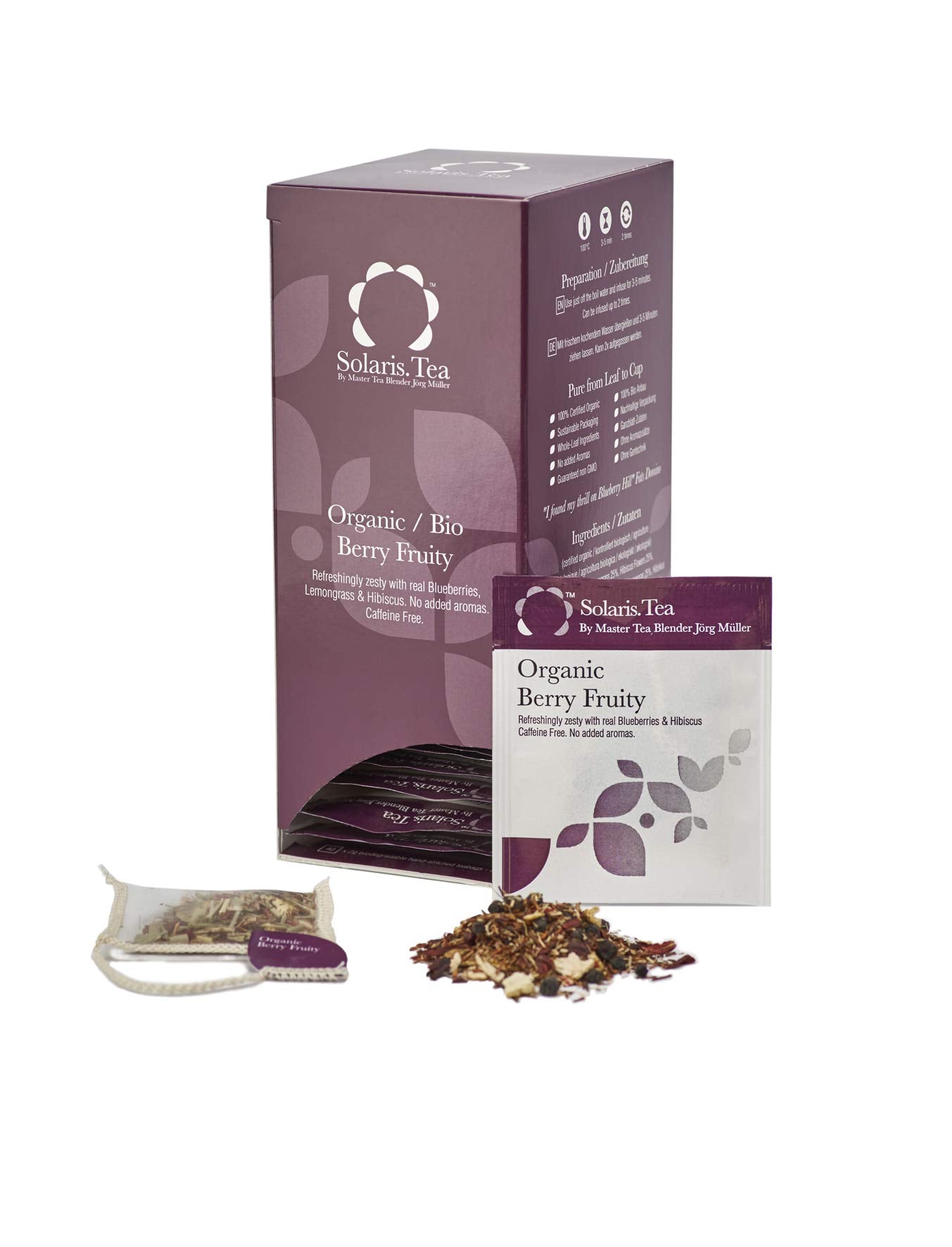 Solaris Tea - Organic Berry Fruity Tea | 100% Organic Whole Leaf Tea | Certified Vegan | 40x Biodegradable Stitched Teabags, (1 x 80 g)