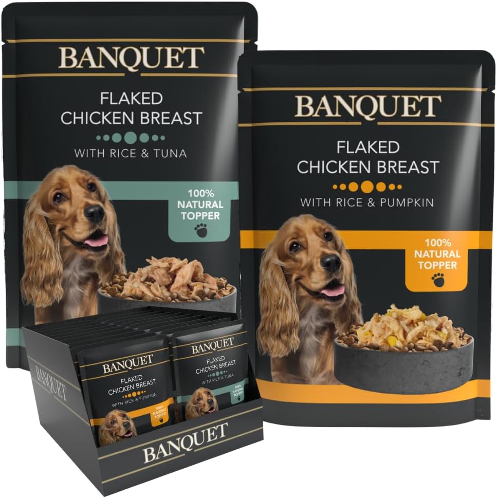 Banquet Adult Wet Dog Food, Flaked Chicken Breast with Rice & Tuna / Flaked Chicken Breast with Rice & Pumpkin, 100% Natural Ingredients (30 Pouches x 100g)