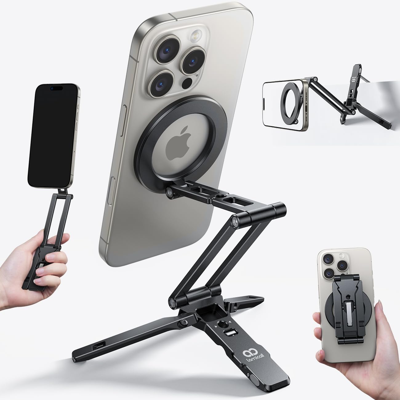 Lamicall Magnetic Phone Tripod for Magsafe Stand - [Ultra-Compact] 5-IN-1 Mini Aluminium Selfie Stick for iPhone 17/16, Foldable Mobile Phone Holder,