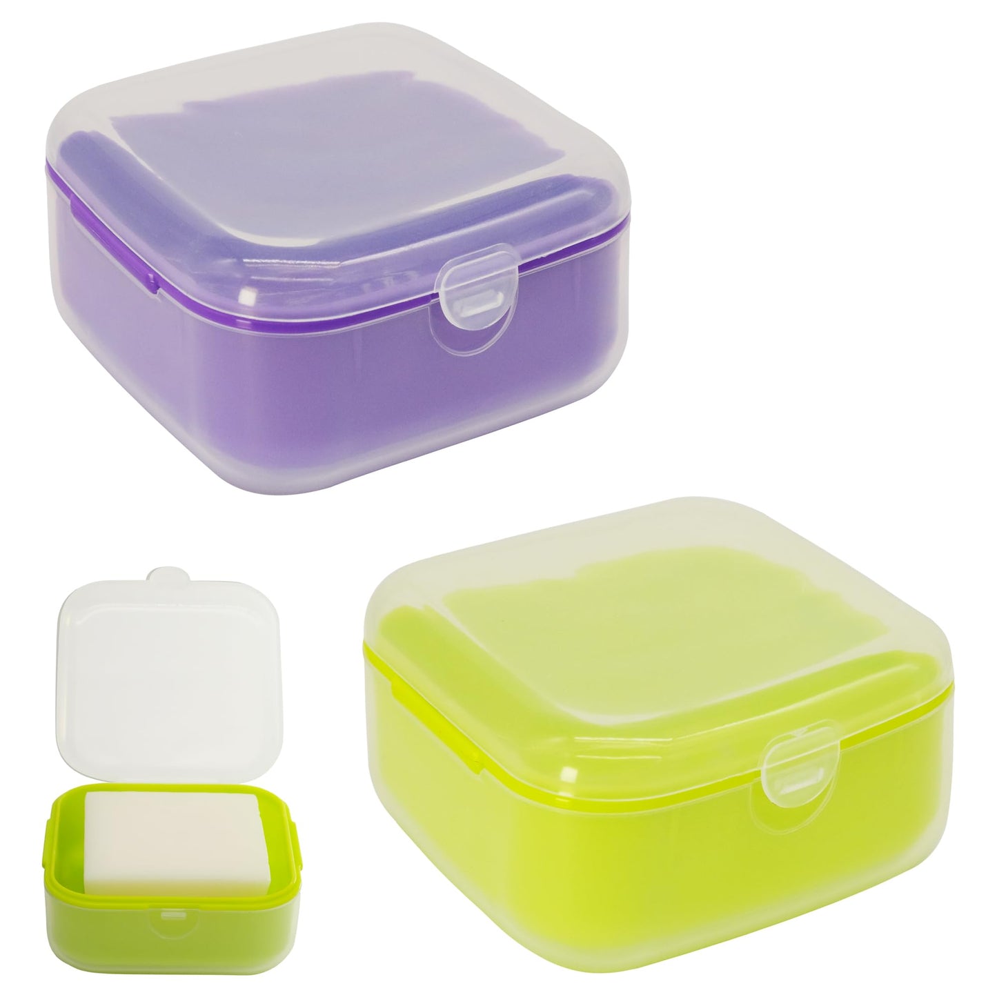Adorila Soap-dishes 2 Pack, Small Travel Plastic Soap Case with Lid, Leak-Proof Soap Container, Square Green, Purple
