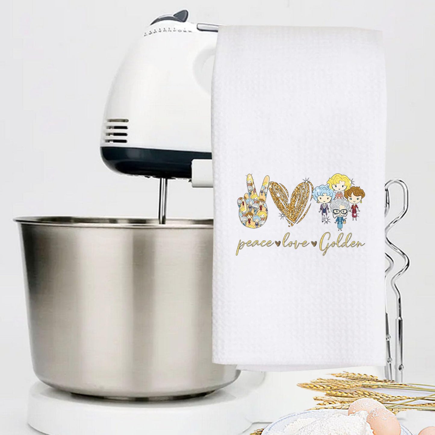 LEVLO Golden Girls Kitchen Towel Golden Girls Fans Gift Peace Love Golden Dish Towel Waffle Weave Golden Girls Kitchen Decor (Peace Love Golden)