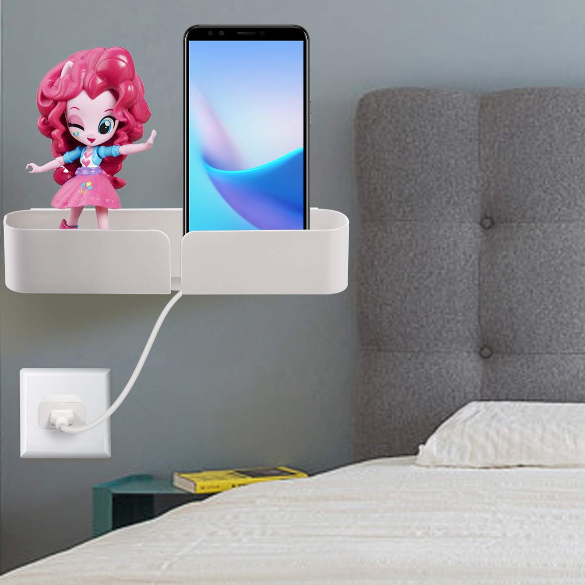 Bedside Shelf Wall Mounted Little Bed Organizer Storage Rack Caddy Self Phone Holder Stand Bracket - Damage Free Installation