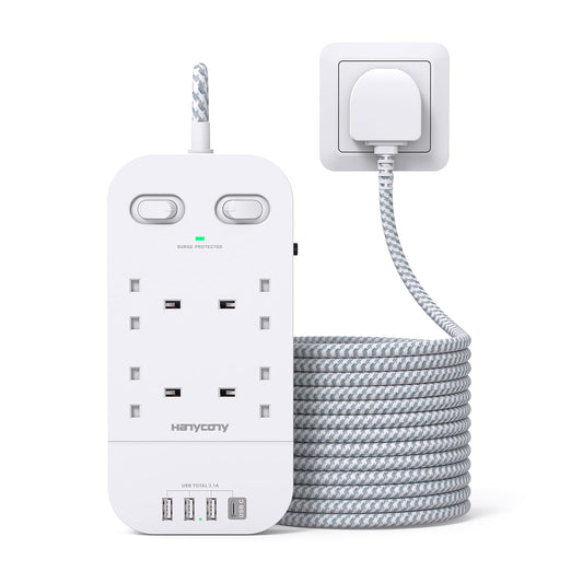 Extension Lead with 4 USB Slots, 3M Extension Cable, 4 Way Outlets Power Strip with 1800J Surge Protection, Double Switch Plug Extension with 10FT