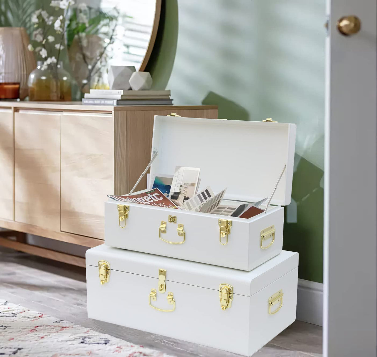 HofferRuffer Metal Storage Trunk with Lockable Lid & Handles, 52.1 × 26.2 × 20.1 cm Heavy Duty Storage Chest for Bedroom, Living Room, Bedding