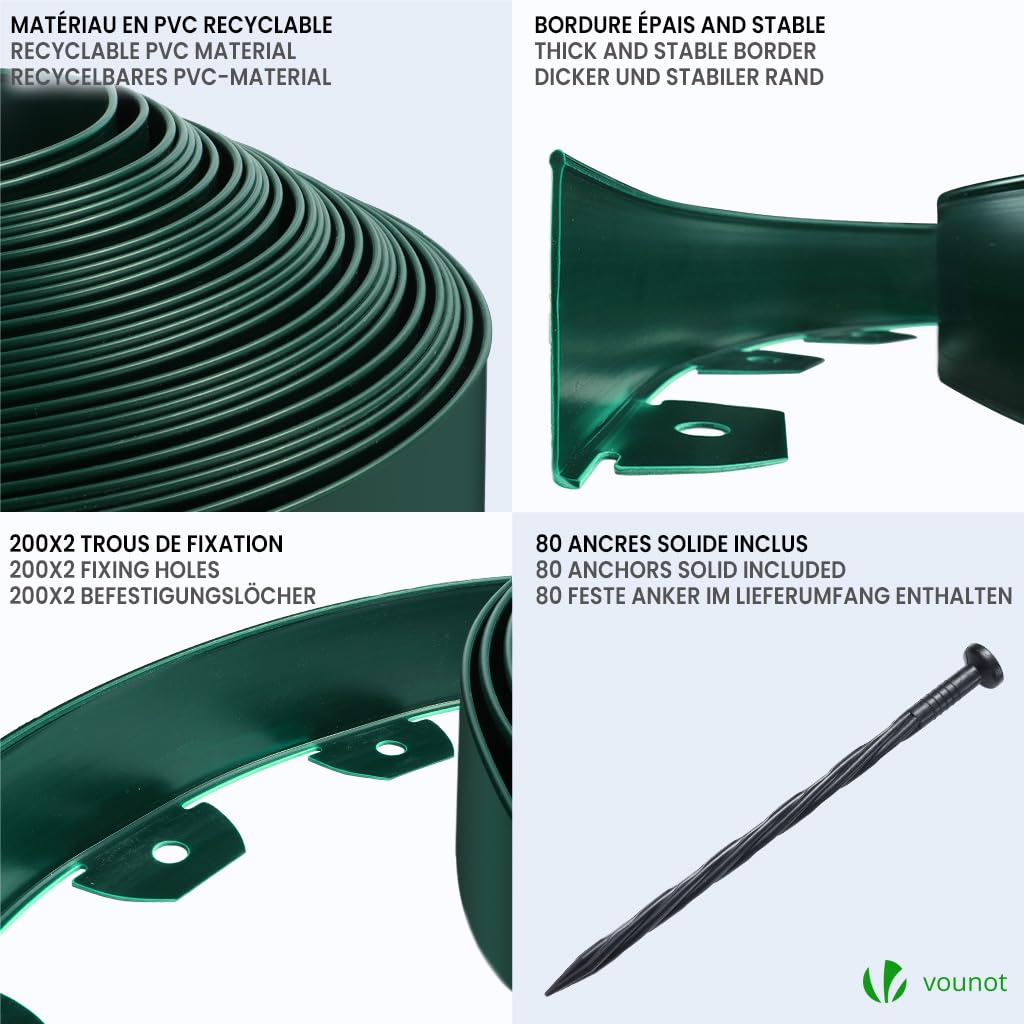 VOUNOT? 40m Flexible Lawn Garden Edging Border, Plastic Grass Path Edging with 80 Reinforced Securing Pegs, Height 5cm, Green