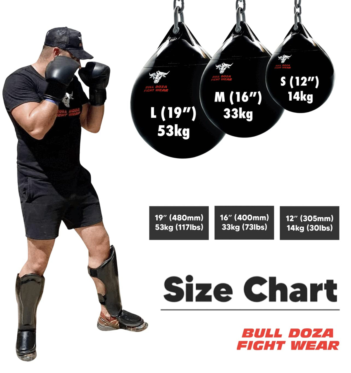 Bull Doza Fight Wear Pro Water Punch Bag - Heavy Durable Waterproof - Three Sizes (S (12?) 14kg)