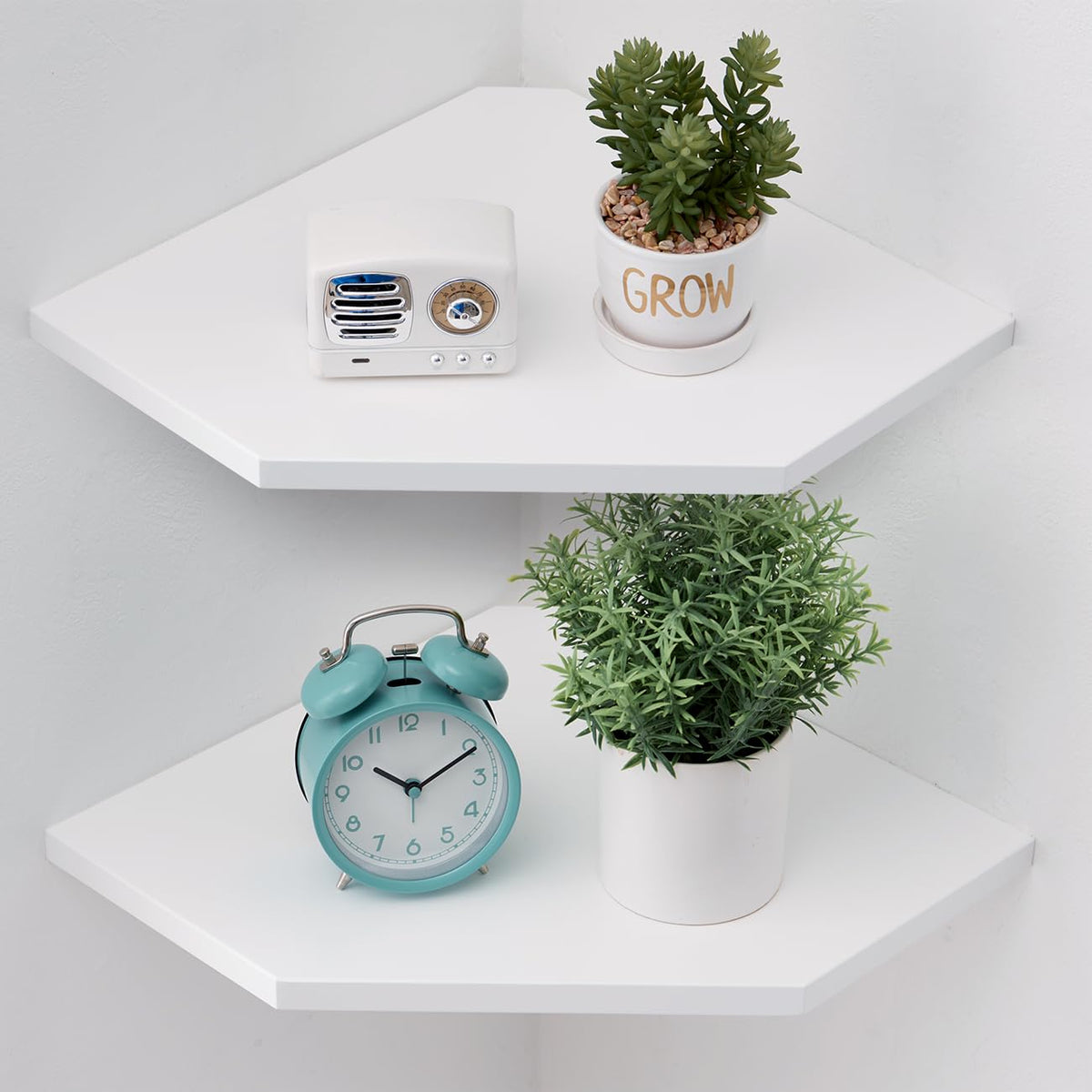 GIEANOO Corner Shelf, Set of 2 Solid Oak Wood White Floating Corner Shelf Wall Mount Organizer with Wire Hole Small Plant Display for Kitchen Living