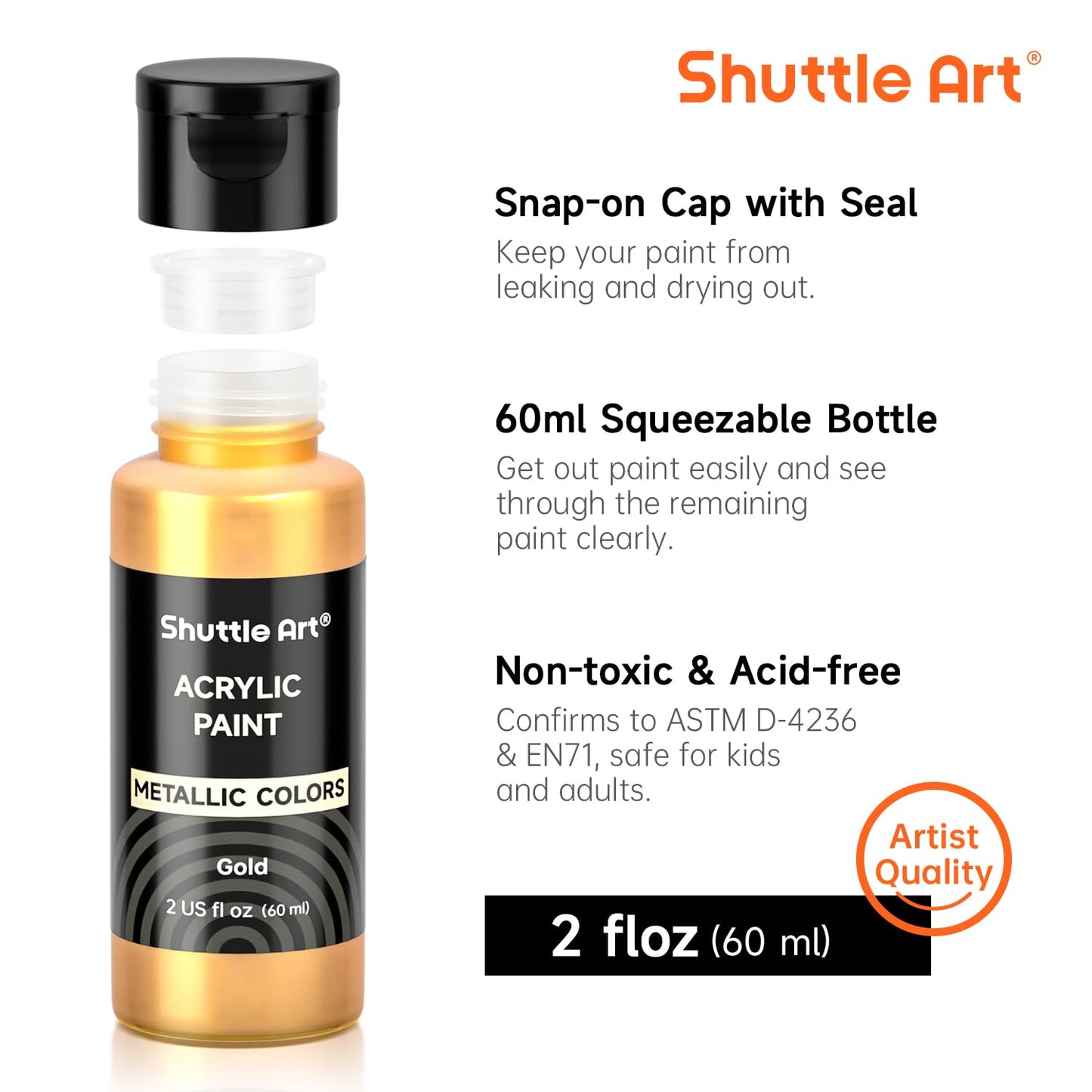 Shuttle Art Metallic Acrylic Paints Set, 30 Colours Metallic Paint in Bottles (60ml, 2oz) with 10 Brushes and Palette, Rich Pigments, Non-Toxic for