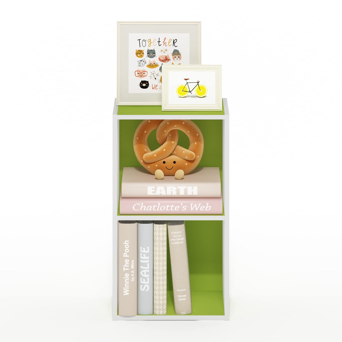 Furinno PASIR Book Shelf, 2-Tier Modern Bookshelf, Open Shelves Bookcase 9 x 12 x 21, for Living Room, Bedroom, Home Office, Green/White