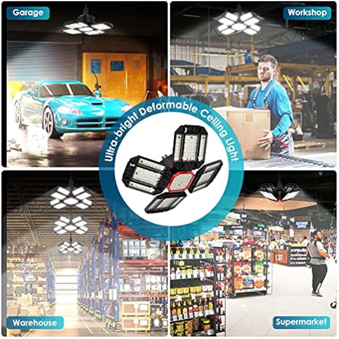 Rafow 200W LED Garage Light 2 Pack - 20000LM 6500K Deformable Ceiling Lighting Fixture with 12 Adjustable Panels - E26/E27 Bay Light for Garage | Basement | Shop | Workshop | Barn | Warehouse
