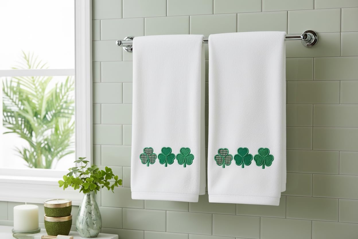 Serafina Home St. Patrick's Day Irish Hand Towels: Two Toned Green Shamrock Clover Embroidery, 100% Cotton, White (Clover)