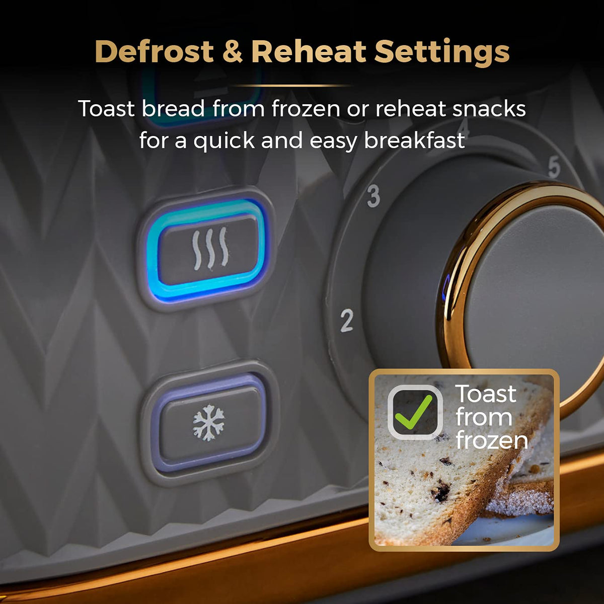 Tower T20061GRY Empire 4-Slice Toaster with Defrost/Reheat, Removable Crumb Trays, 1600W, Grey and Brass