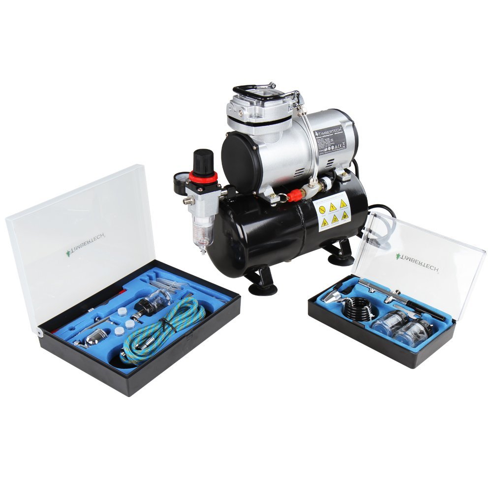 Timbertech Airbrush Kit with Compressor ABPST06 with Powerful 1/6 HP Airbrush Compressor with Tank and 2 Airbrush Gun Kits for Airbrush Painting