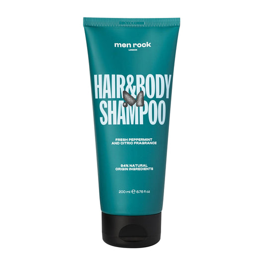 Men Rock Hair and Body Shampoo, All-in-One Shower Wash, Gently Removes Impurities for Soft Hydrated Skin, Fast-Absorbing Formula, Fresh Peppermint and