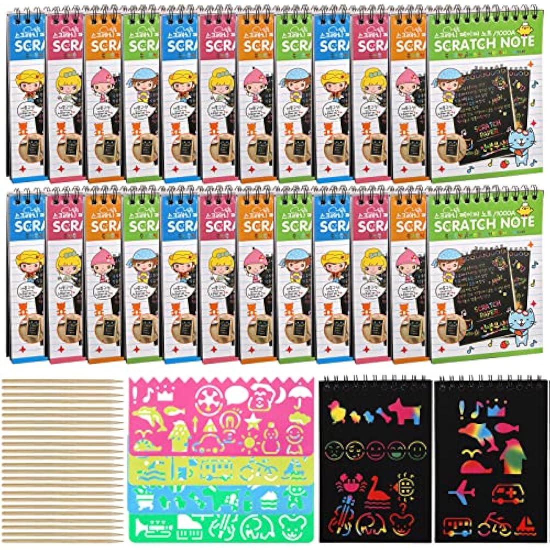 Suwimut 24 Pack Rainbow Scratch Paper Art Notebooks, Scratch Note Pads Rainbow Scratch Paper Black Scratch Off Note Sheet with 24 Wooden Stylus & 4 Drawing Stencils for People Birthday Gift