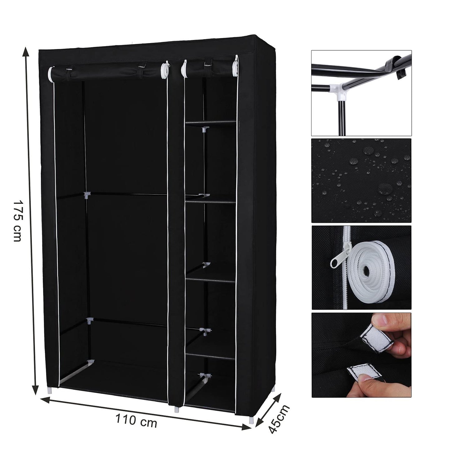 SONGMICS Double Canvas Wardrobe Clothes Storage Organiser Black, 110 x 45 x 175 cm LSF007