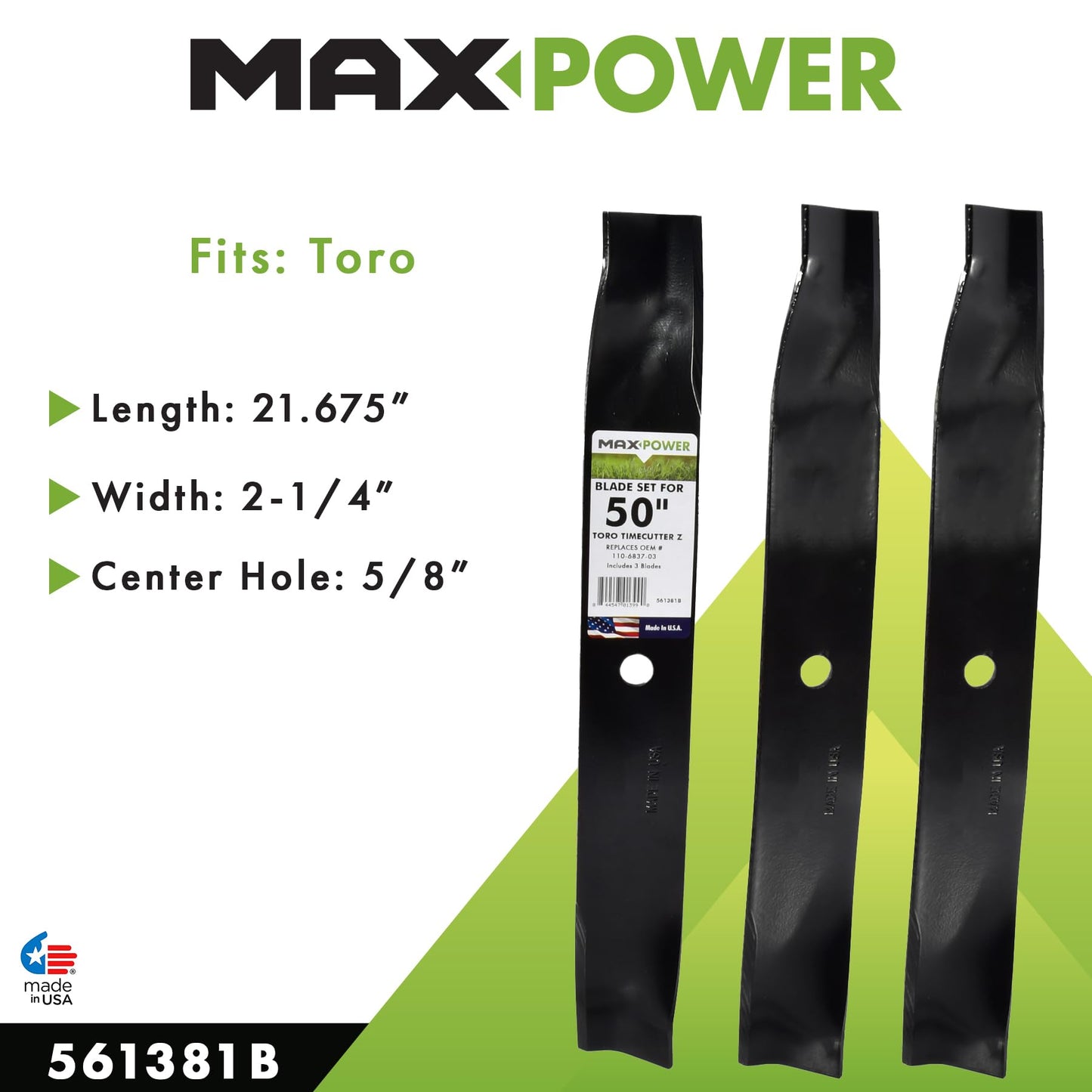 Maxpower 561381B 3 High Lift Blade Set for 50'' Cut Toro Time Cutter Z Mowers Replaces OEM no.110-6837-03, black