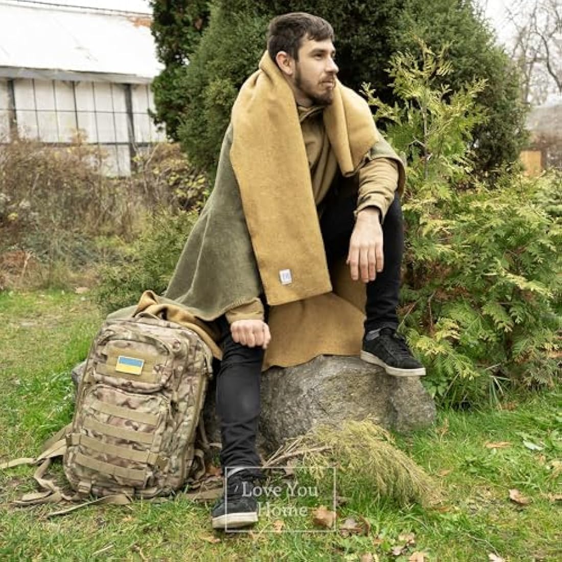LYHome Travel Blanket - Extra Warm Picnic Throw, Bed Camping Outdoor Wool Blankets, Cozy Soft Throws, Military Army and Garden Outside Use (51x67 in | 130x170 cm | Olive Green - Mustard Double-sided)