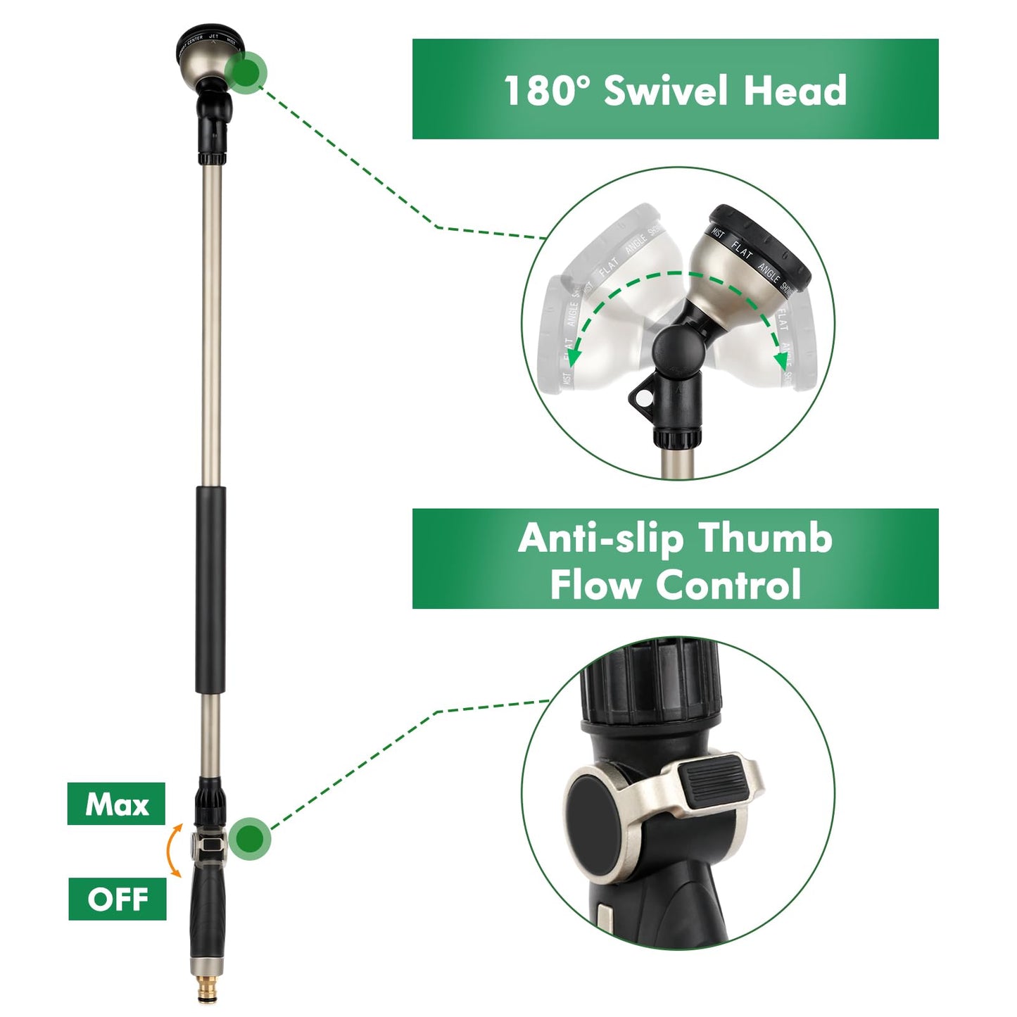 RESTMO Watering Lance Heavy Duty, 94cm Metal Spray Lance | 180? Adjustable Ratcheting Head | 10 Spray Patterns Hose Wand, Perfect Garden Long Sprayer