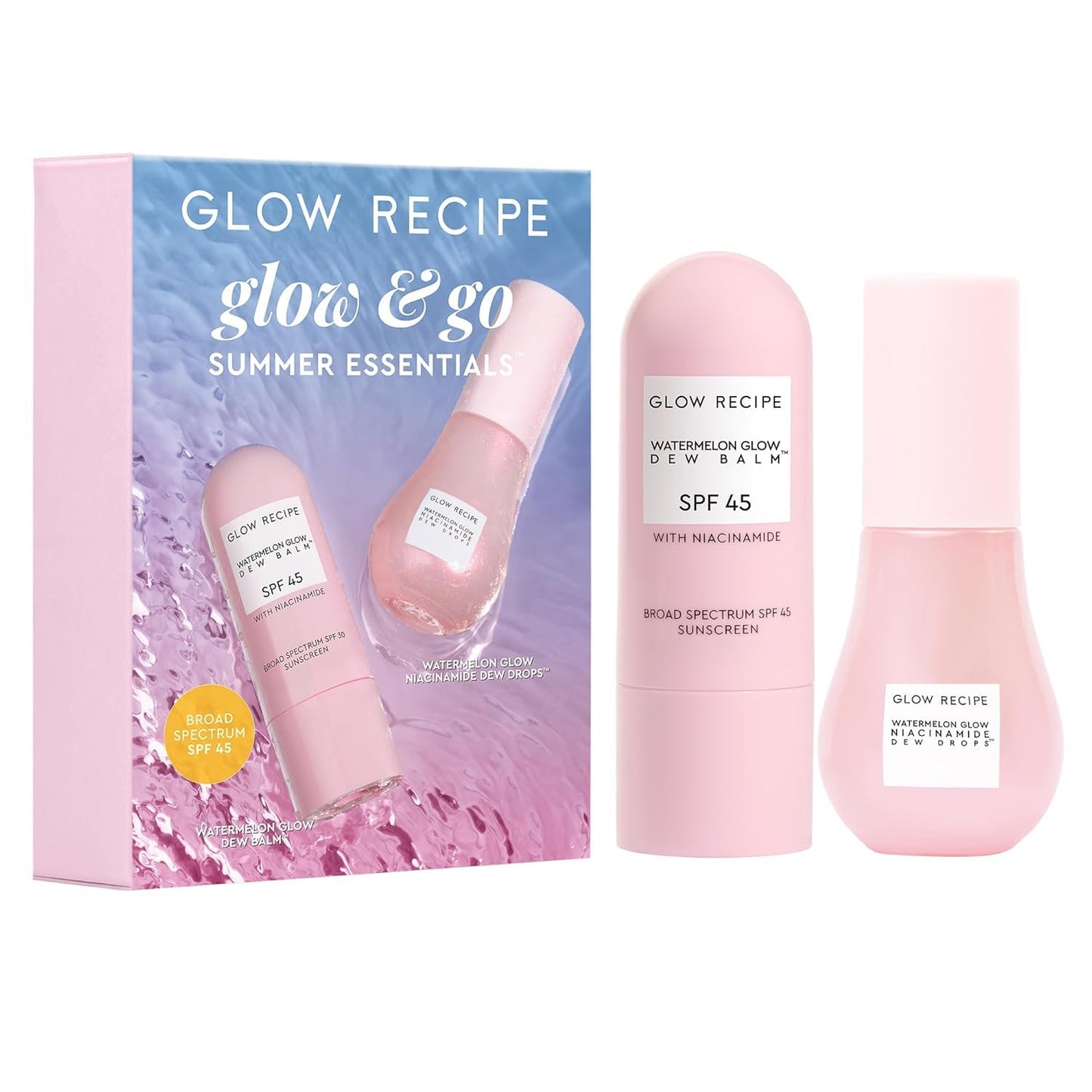 Glow Recipe Glow & Go Summer Makeup Prep Essentials Kit - Skincare Set with Full Size Korean Sunscreen with SPF 45 & Travel Size Niacinamide Dew Drops