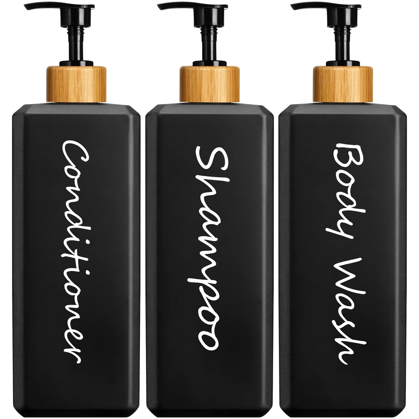 GMISUN Shampoo and Conditioner Dispenser, Refillable Black Refillable Shampoo and Conditioner Bottles with Bamboo Pump, Modern Bathroom Shower Bottles