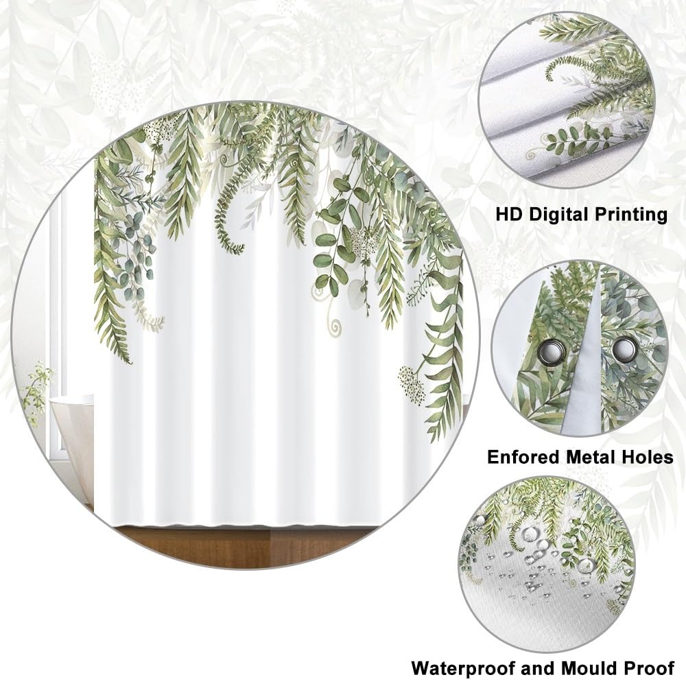 Uiiooazy Green Eucalyptus Shower Curtain, Sage Green Leaves Pattern Bath Curtain Mildew and Mould Resistant Waterproof Polyester Fabric Washable