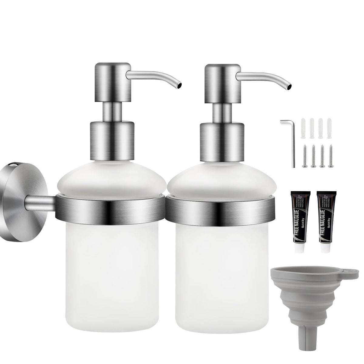 EXLECO 2 Pieces Soap Dispenser Wall Mounted Soap Dispenser Set Drilling & Self-Adhesive Made of 304 Stainless Steel 200 ml Chrome-Plated Satin Glass
