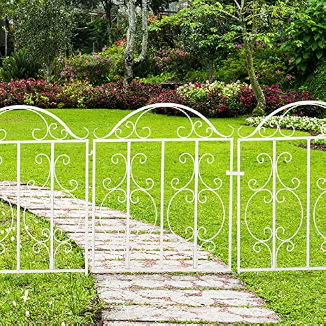 Relaxdays Garden, 3 Parts, Expandable, Ornate gate with 2 Fence Elements, Made of Steel, 185 x 98.5 cm (LxH), White, 98.5 x 185 x 2.5 cm