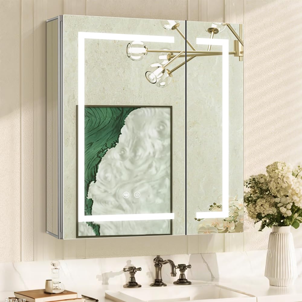 Janboe LED Mirror Cabinet,Bathroom Mirror Cabinet with Lights,61cm×71cm,Equip with Internal Light,Aluminum Construction,USB Shaver Socket,3