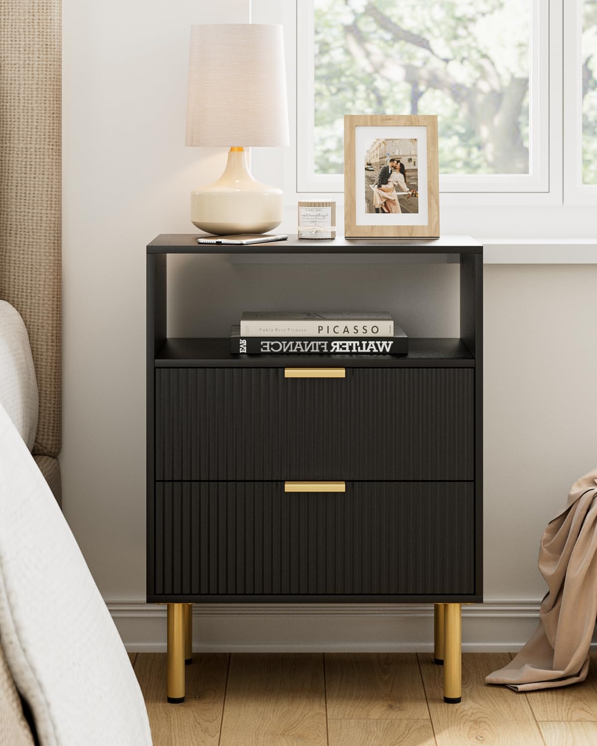 Apetaccat Bedside Table with 2 Drawers, Modern Bedside Cabniet with Metal Legs, Fluted Nightstand, Side Table for Bedroom, Living Room, Office