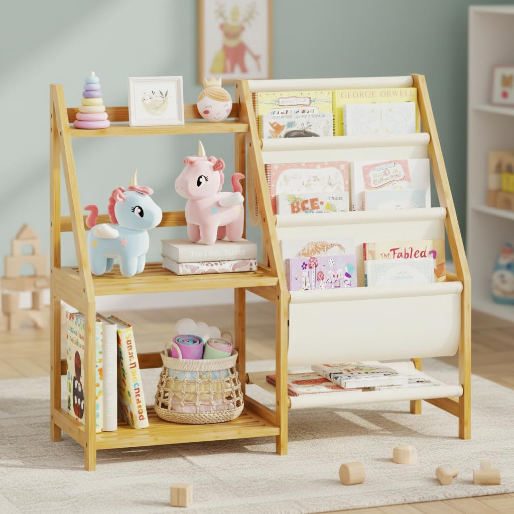 BAMBANG Kids Bookshelf and Toy Storage, 3 Tier Toddler Book Shelf, Montessori Bookshelf Baby Bookcase for Nursery, Bedroom, Playroom