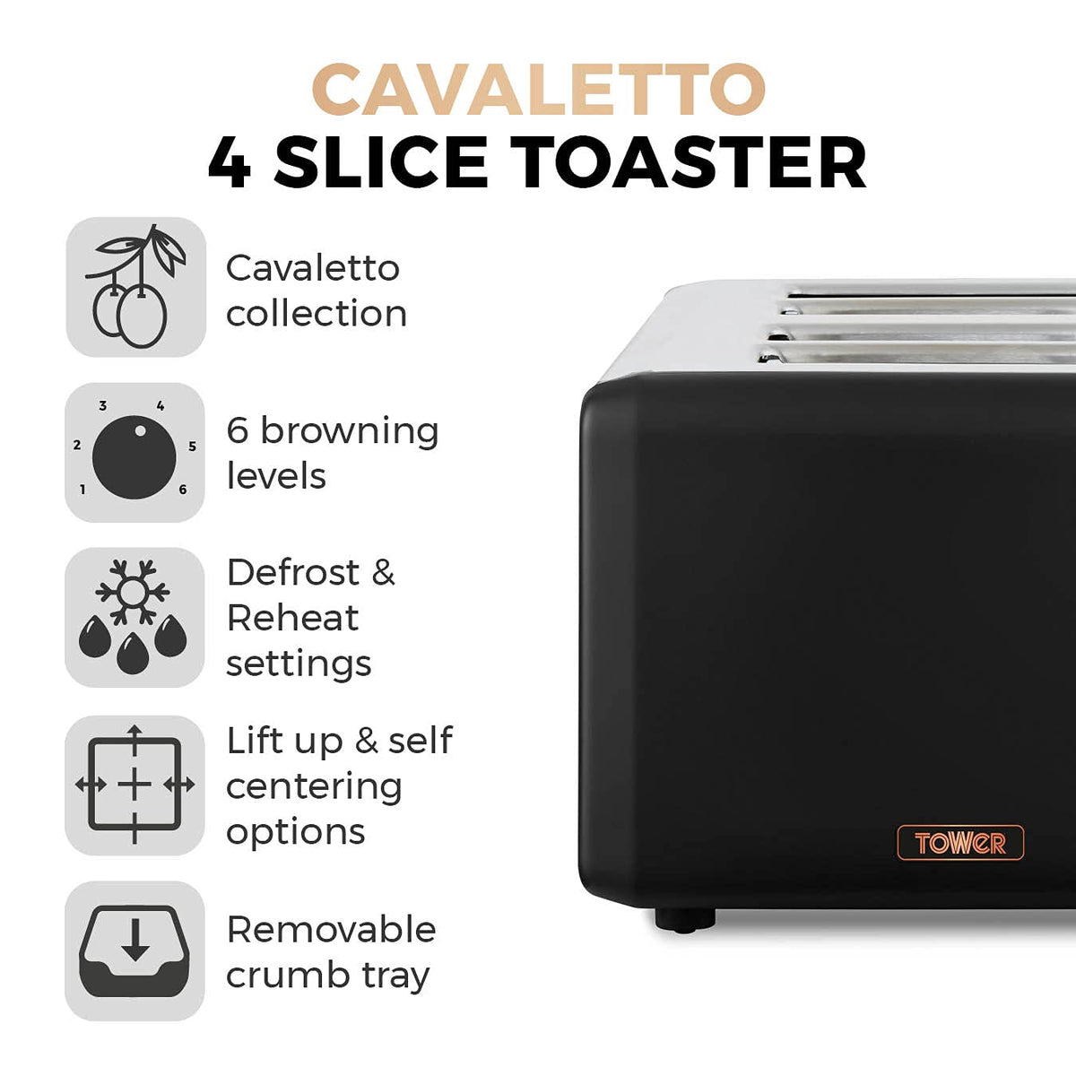 Tower T20051RG Cavaletto 4-Slice Toaster with Defrost/Reheat, Stainless Steel, 1800 W, Black and Rose Gold