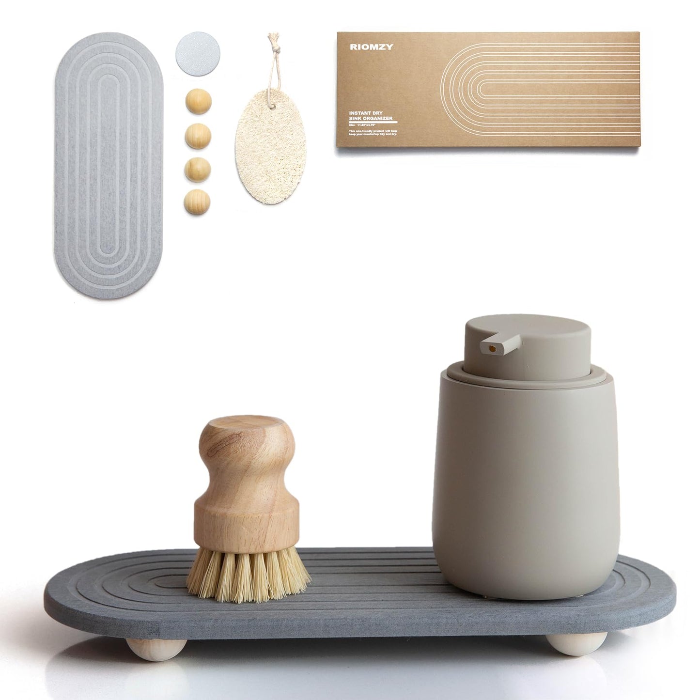 RIOMZY Instant Dry Sink Caddy Organizer ? Water Absorbing Stone Tray for Kitchen Bathroom Countertop, Fast Drying Sink Caddy (with Wooden Feet and