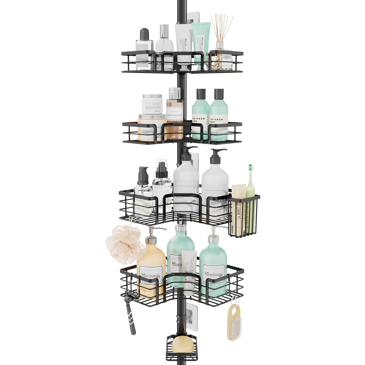 SWTYMIKI Telescopic Shower Caddy Corner - 4-Tier Rustproof Shower Corner Shelves, Tension Rod with Soap Holder, Adjustable No-Drill Organizer for