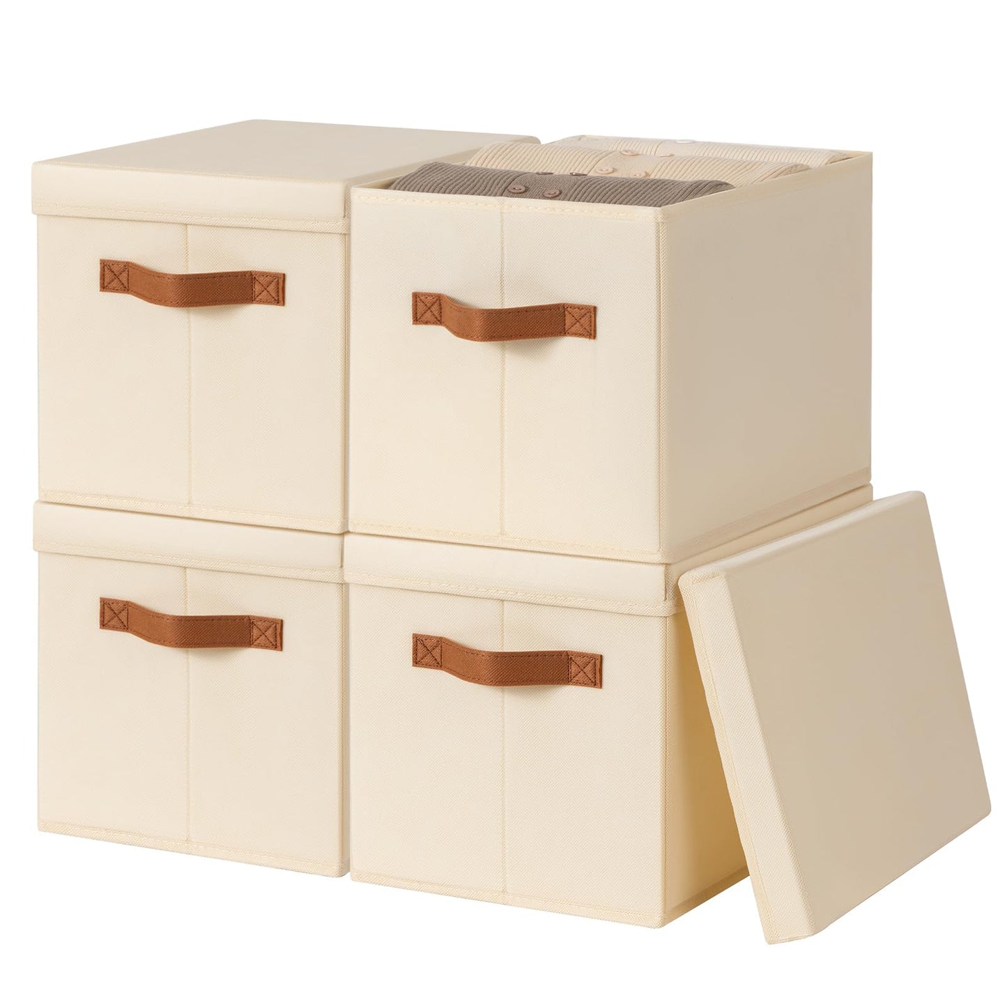 Fabric Storage Boxes with Lids - 4 Pack Dustproof Wardrobe Organiser Beige