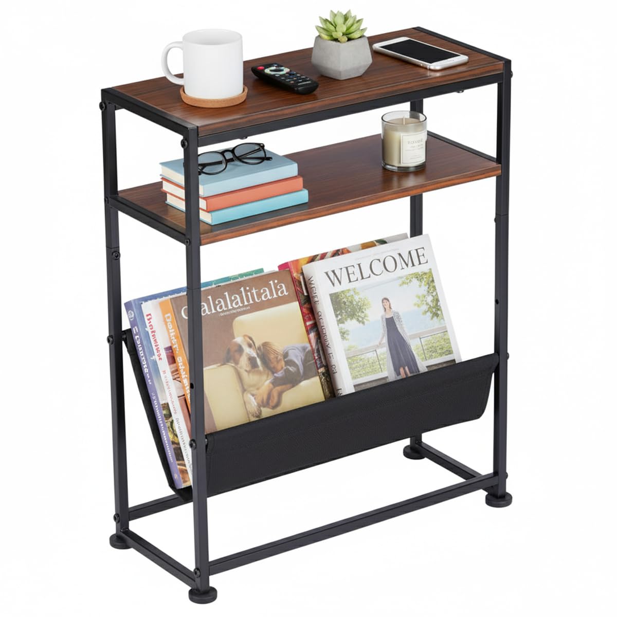 ZEXVIDA Small End Table for Small Spaces - Slim Side Table with Magazine Holder,2 in 1 Design Narrow End Table Living Room,Skinny Bedroom Nightstand