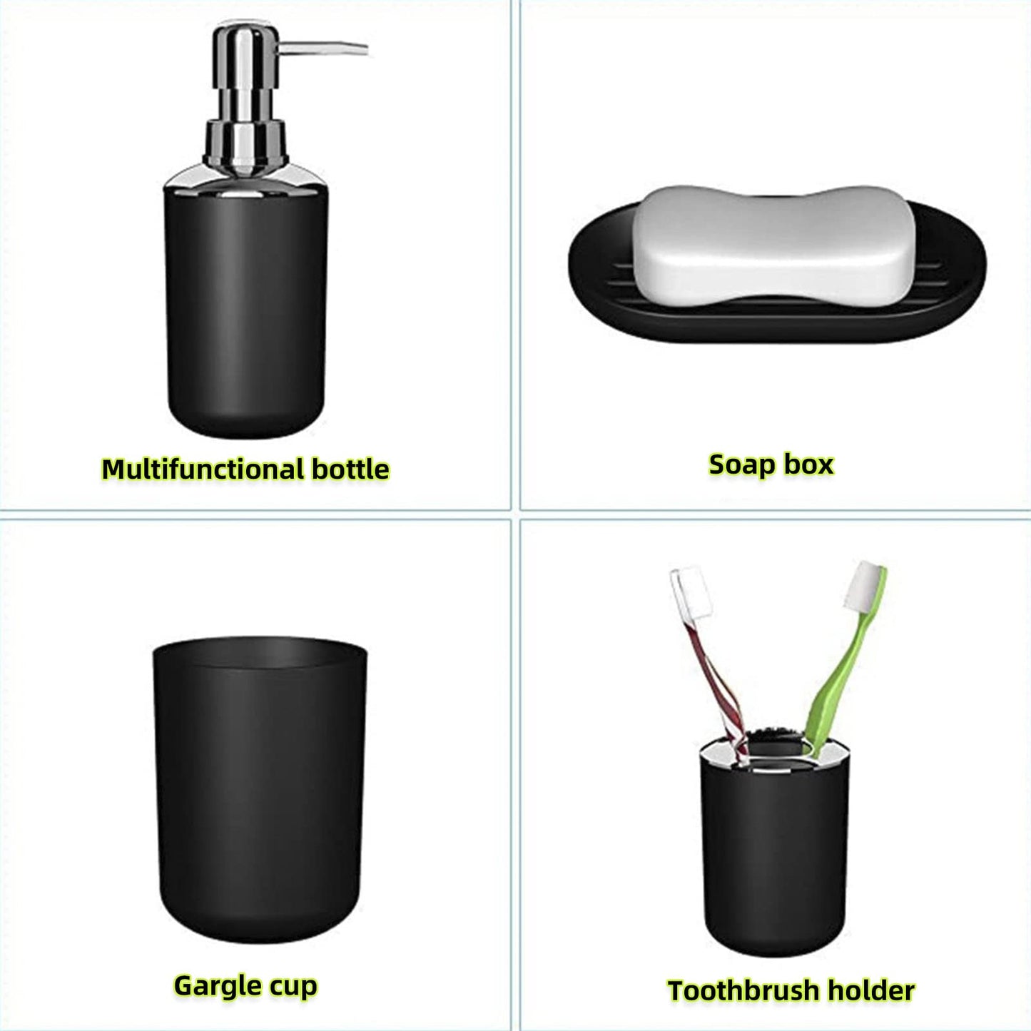 Hosoncovy 4 Pieces Bathroom Accessory Set with Soap Dispenser, Bathroom Cup, Soap Dish ，Toothbrush and Toothpaste Holder (Black)