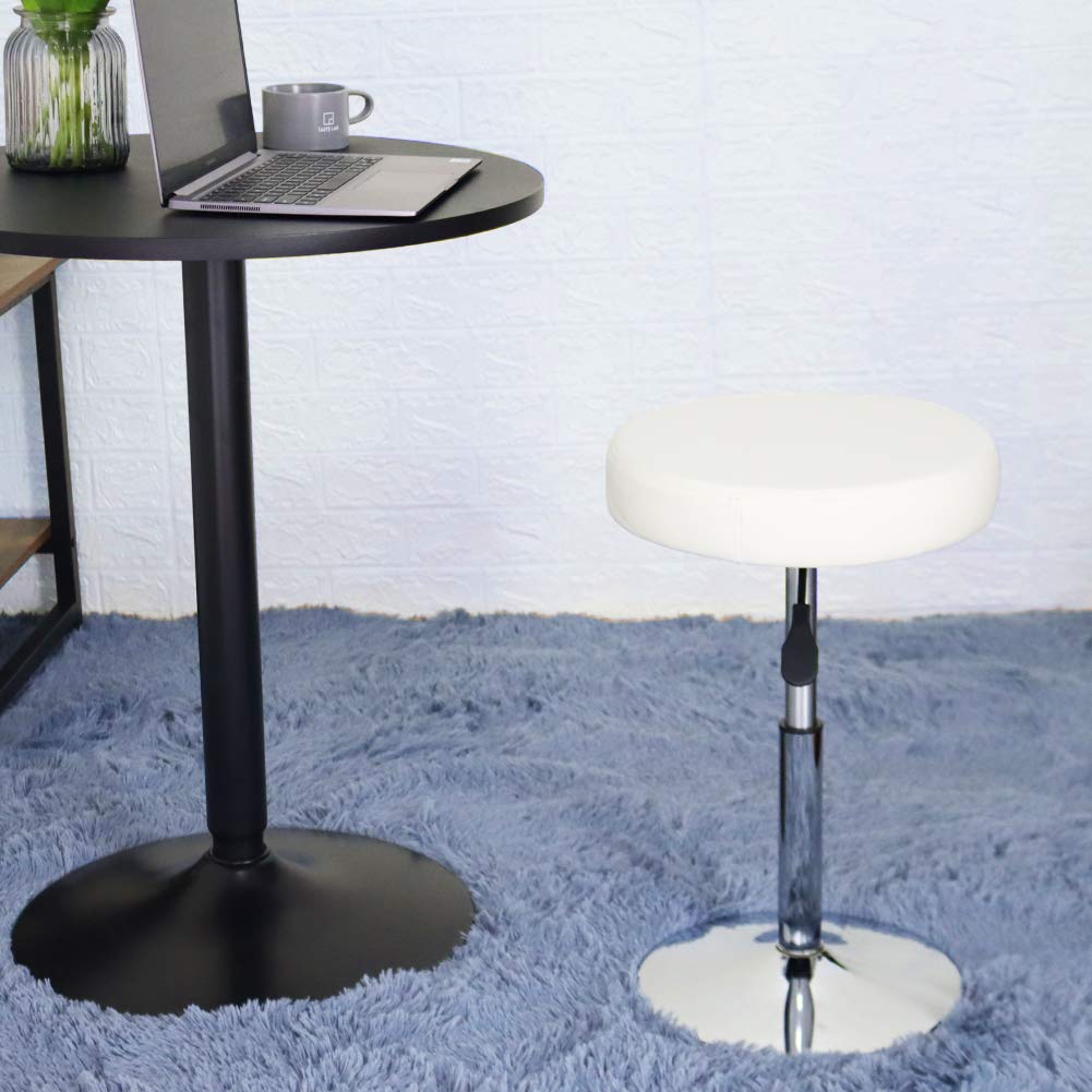 FURWOO PU Leather Round Barber Shop Stool Height Adjustable Swivel Workshop Home Kitchen Short Bar Stools without Backrest Small(White)