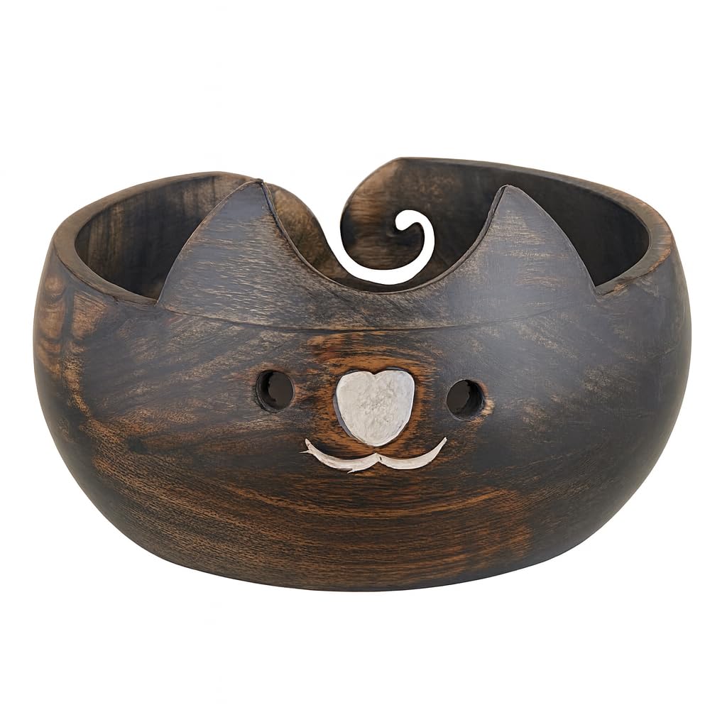 Eximious India Gifts for Women Stocking Stuffer Wooden Yarn Bowl Knitting Cat Bowl Large Crochet Yarn Holder YB2203 Handmade Crocheting Accessories