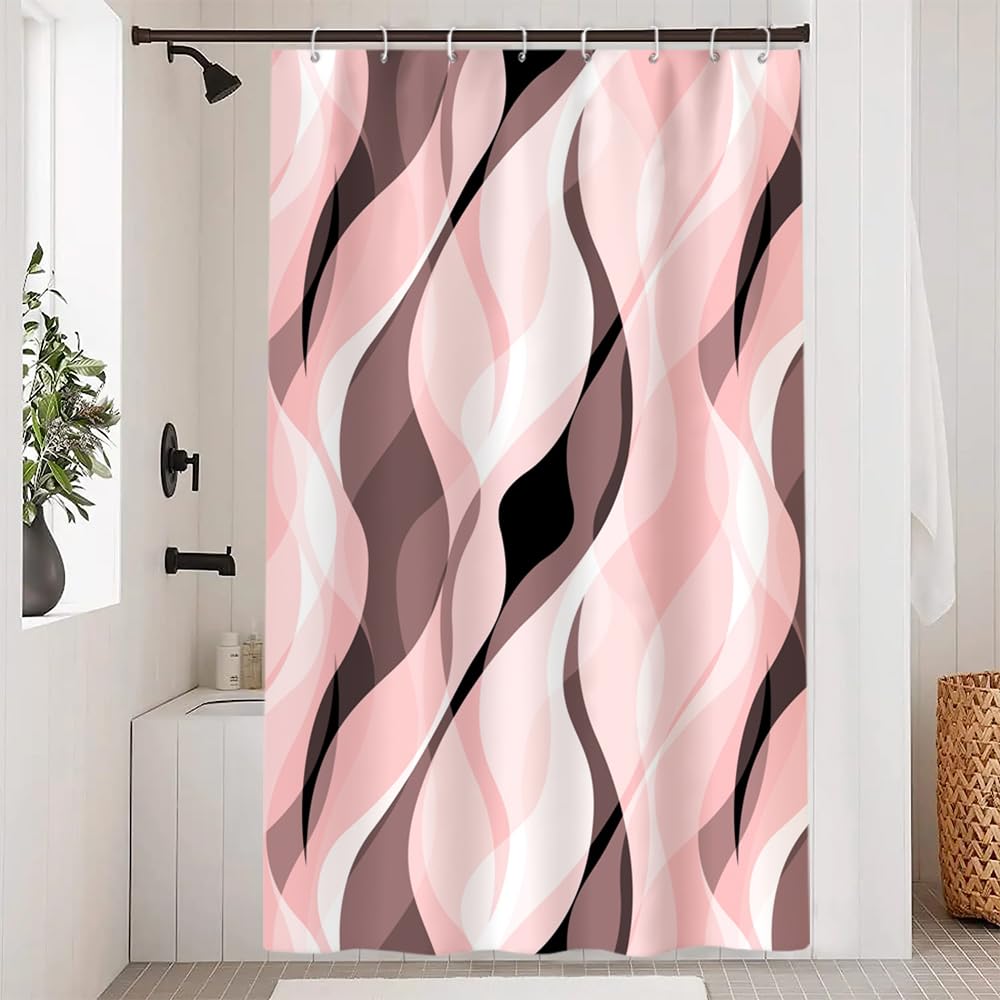 Uiiooazy Pink Shower Curtain, Anti-Mould Abstract Red Striped Bath Curtain, Waterproof Fabric, Washable, Polyester Bathroom Curtains with 8 Hooks 120