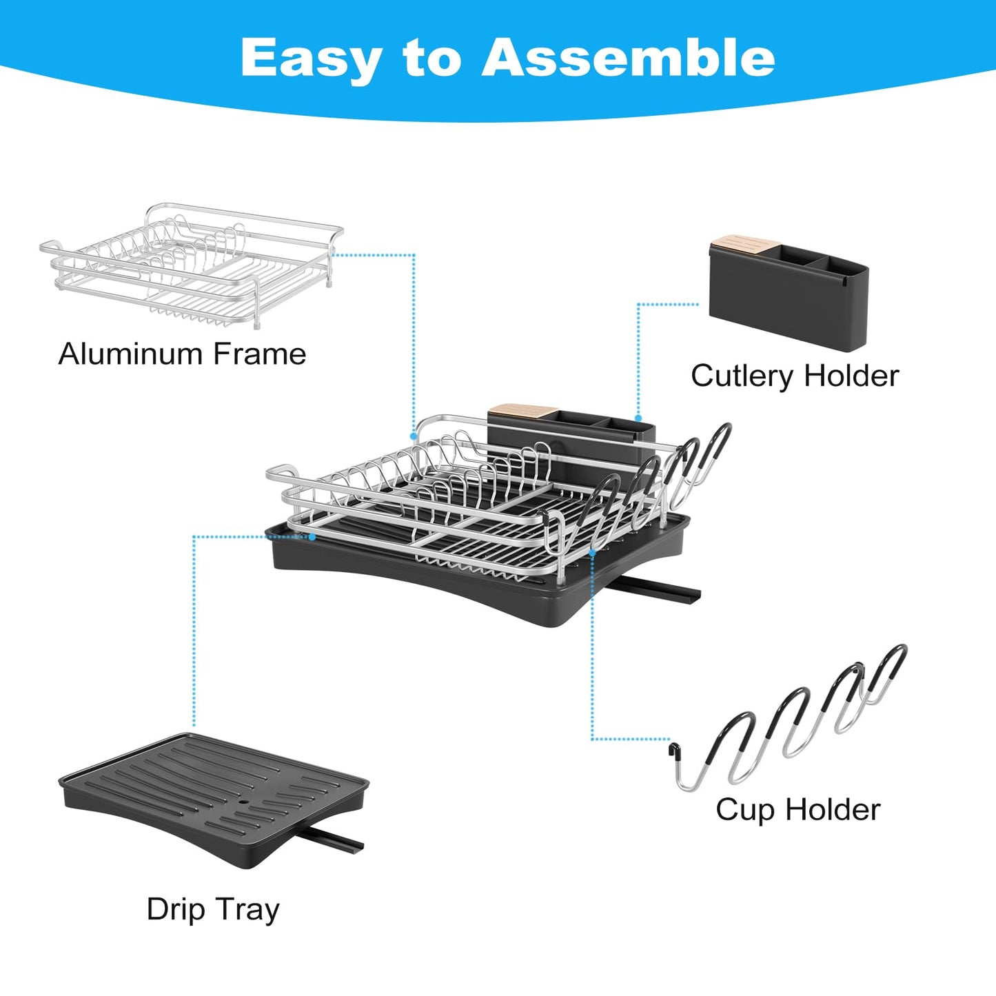 BRIAN & DANY Aluminum Dish Drying Rack, Dish Drainer with Removable Cutlery Holder & Cup Holder, Unique 360 Swivel Spout Drain Board, Silver, 41.9x