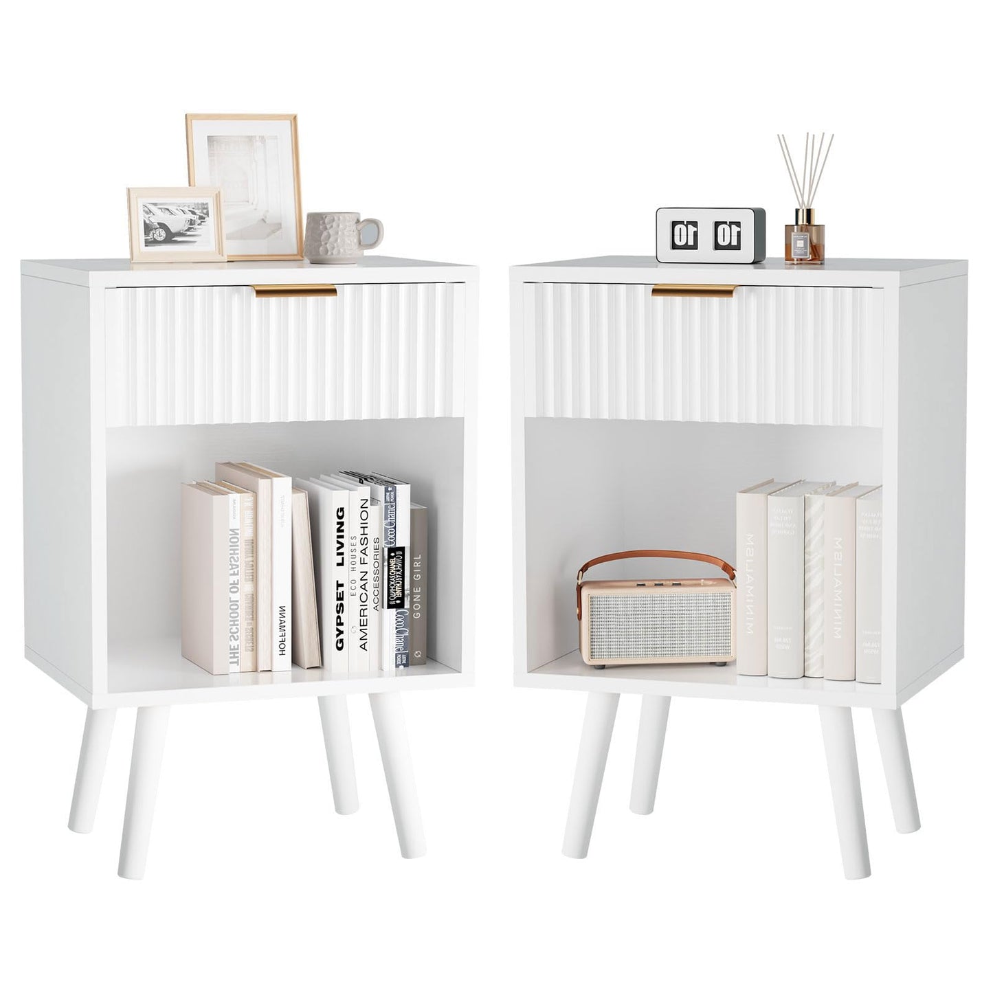 YMYNY Mid Century Modern Nightstand Set of 2, Side Table with Fluted Drawer, Open Shelf Unit, Golden Handle, Solid Wood Legs, Bedside Table